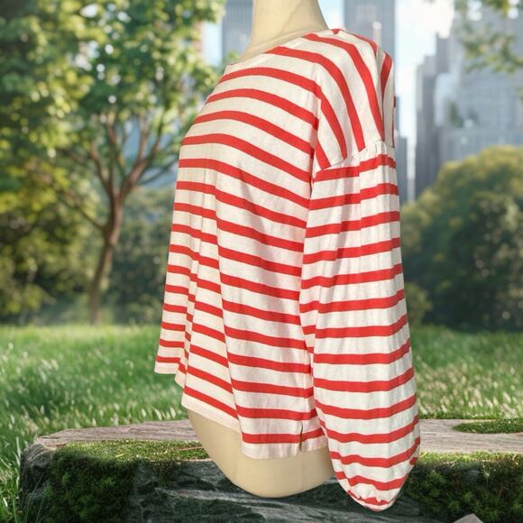 J.Crew Striped 100% Cotton Sweater Sz L Gathered Sleeve Crewneck White w Red - Picture 2 of 7